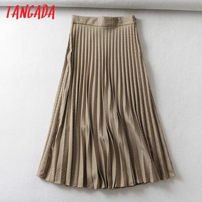 Tangada women plaid pleated midi skirt faldas mujer vintage side zipper office ladies elegant chic mid calf skirts 6A01
